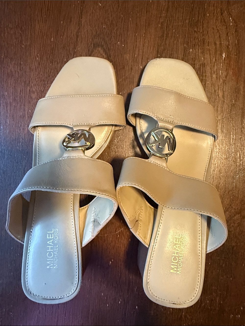 Michael Kors Tan Double-Strap Slide Sandals with Logo Medallion